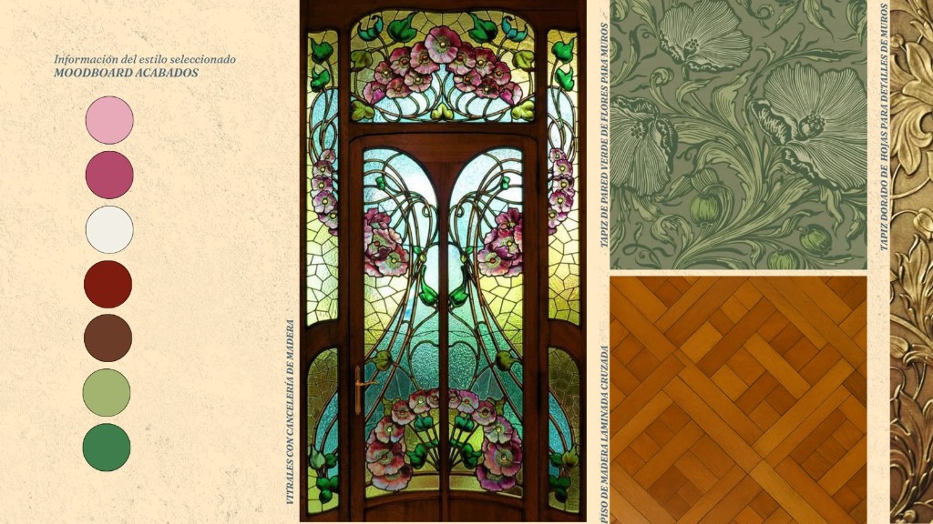 Moodboard de acabados: vitral, tapiz floral, piso de madera en espiga y hoja de oro