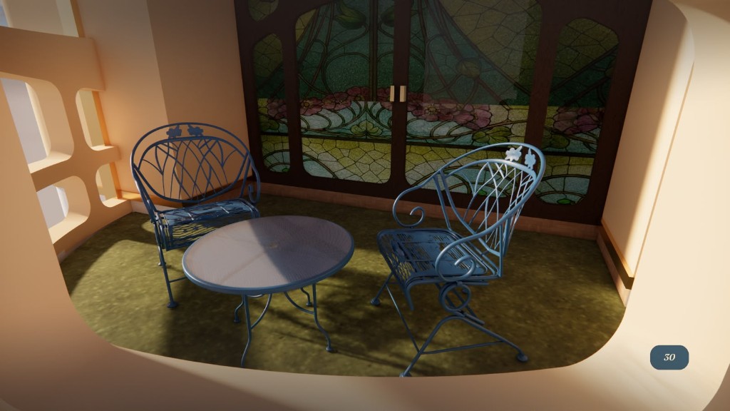 Balcón con juego de herrería azul y vitral floral de fondo