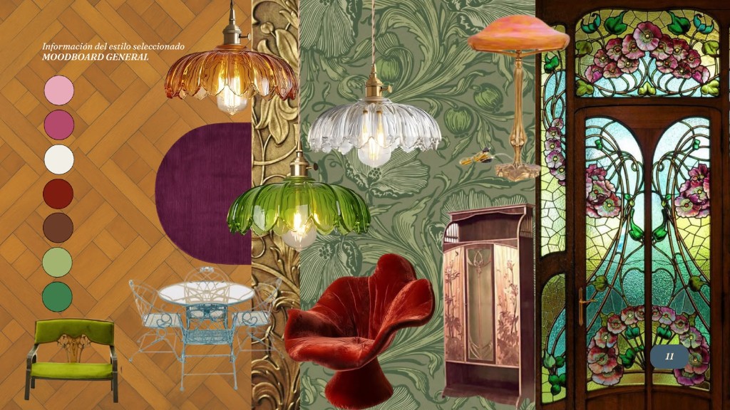 Moodboard general del art nouveau: paleta, luminarias, silla roja, vitral y piso de madera