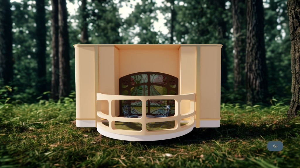 Exterior de la sala: volumen curvo color crema y vitral hacia el balcón