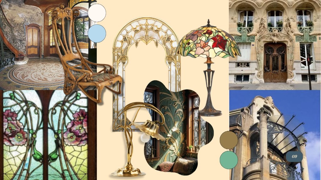 Referencias art nouveau: vitral, sillón, lámpara Tiffany y fachada con herrería