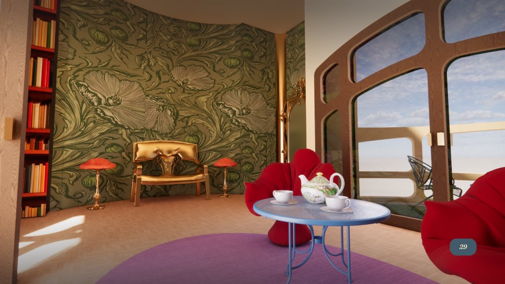 Alice in the Wonder Launch, estancia art nouveau con sillas de pétalo y mesa de té