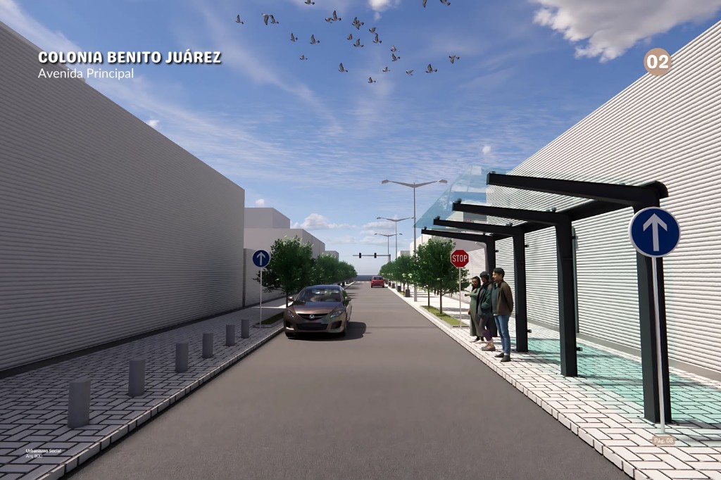 Avenida principal con parada, arbolado y banquetas