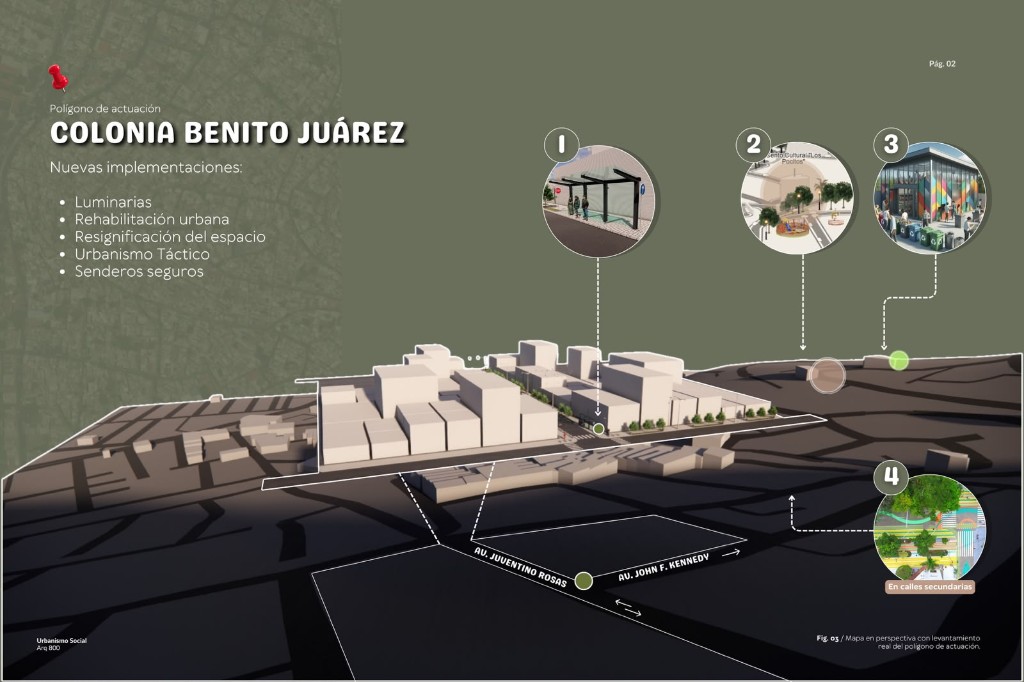 Axonometría de luminarias, rehabilitación, resignificación, urbanismo táctico y senderos seguros