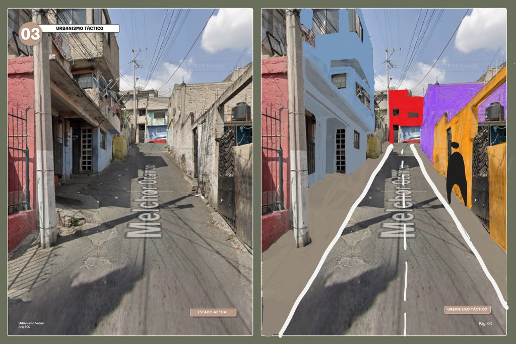 Calle en estado actual y propuesta de urbanismo táctico