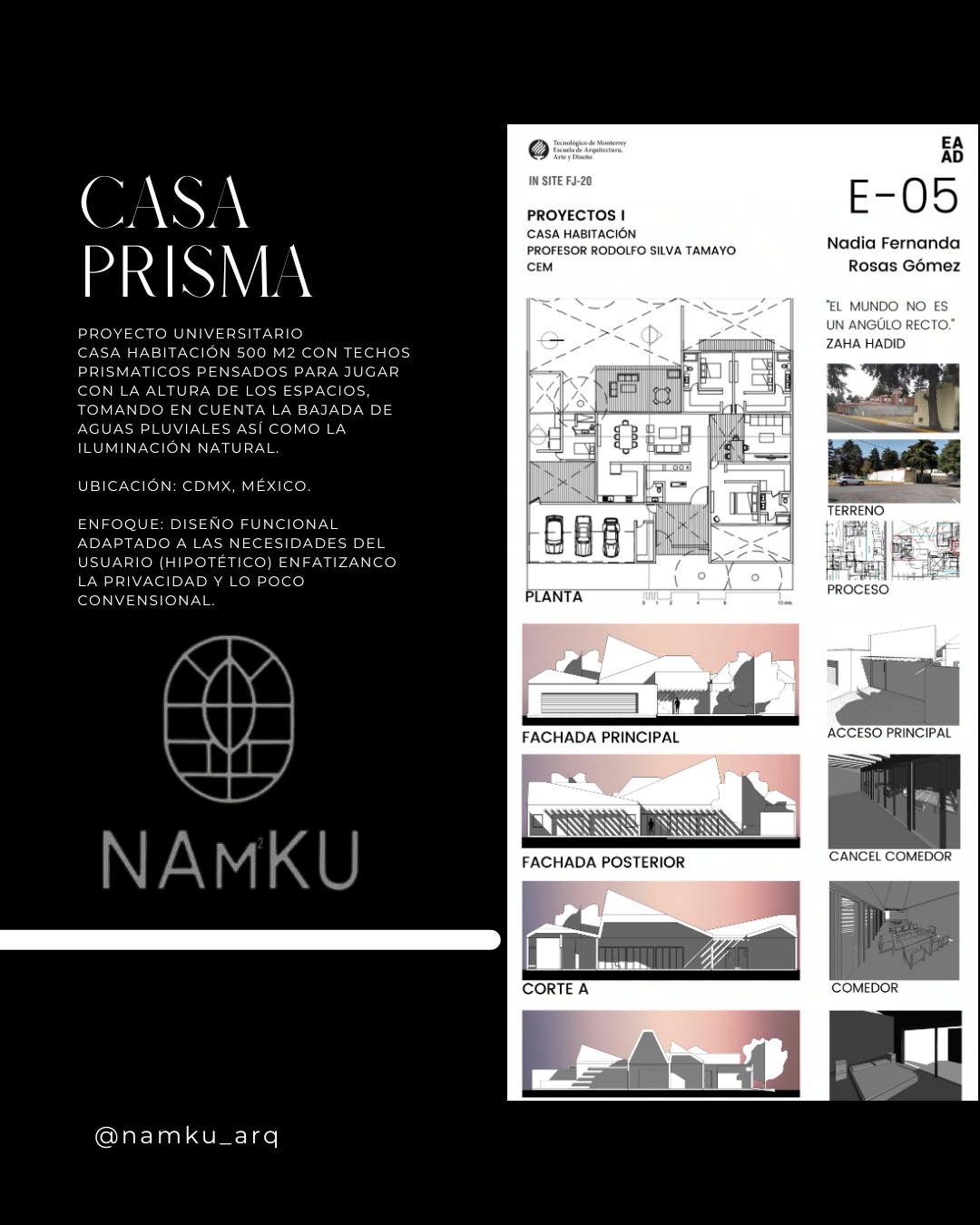 Lámina de Casa Prisma, casa habitación con cubiertas prismáticas en Ciudad de México
