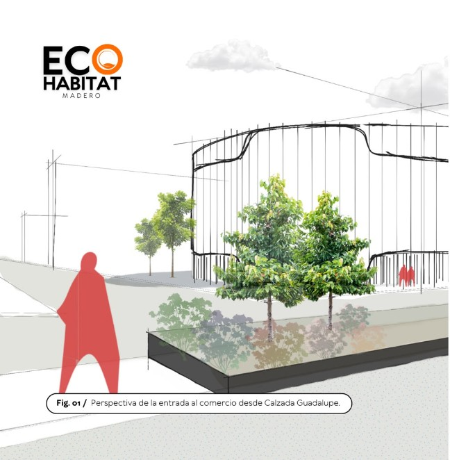 Portada de Eco Habitat Madero, entrada al comercio desde Calzada Guadalupe
