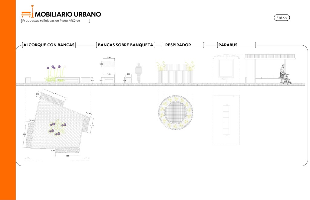 Mobiliario urbano: alcorque con bancas, bancas, respirador y parabús