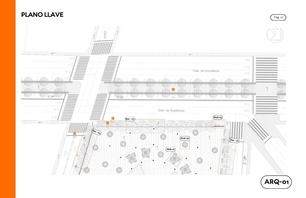 Plano llave ARQ-01 sobre Calzada Guadalupe, con banquetas y mobiliario