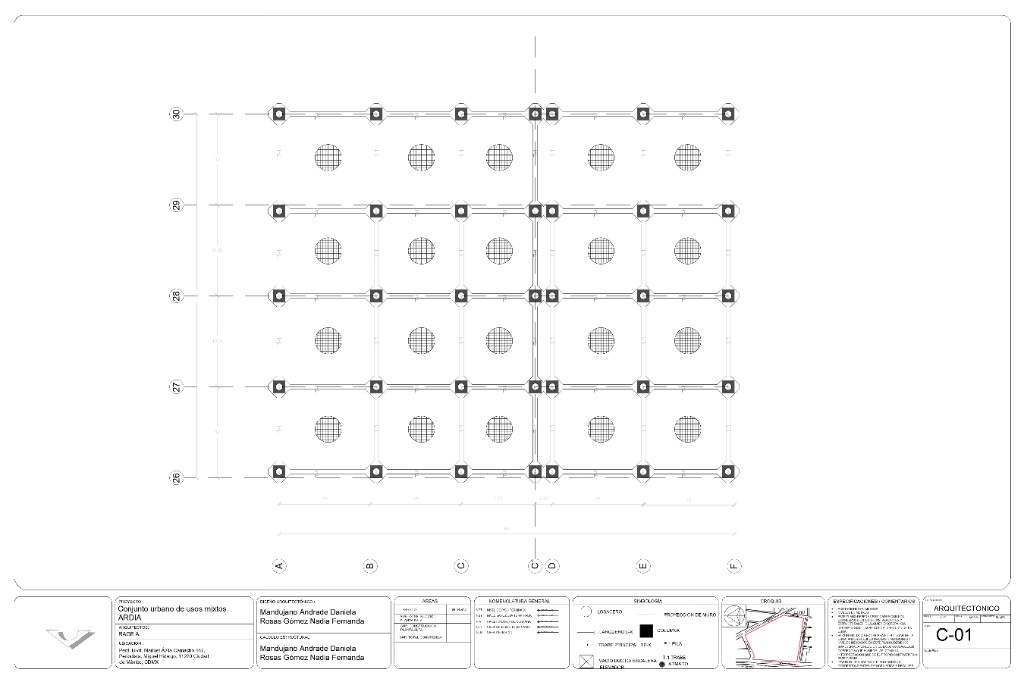 Lámina C-01, retícula de columnas, trabes y zapatas