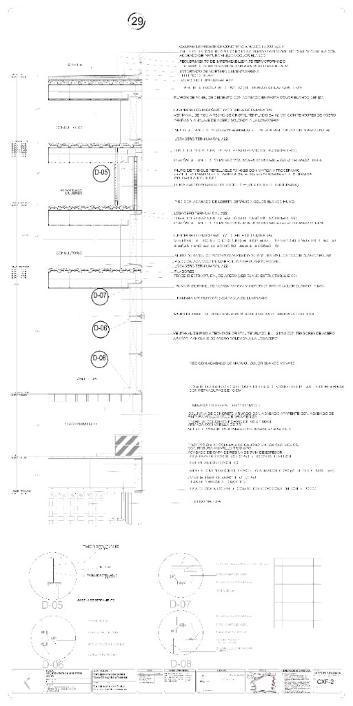 Detalles constructivos CXF-2 de losa, pretil y cancelería
