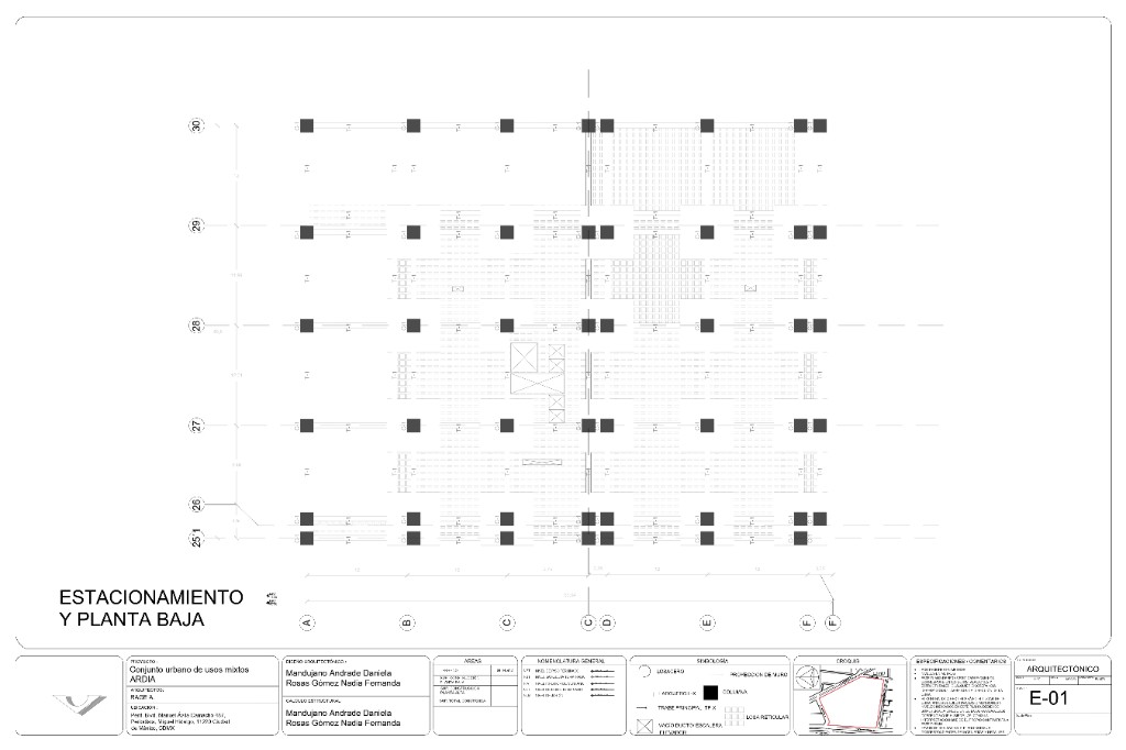 Lámina E-01, estructura del estacionamiento y de la planta baja