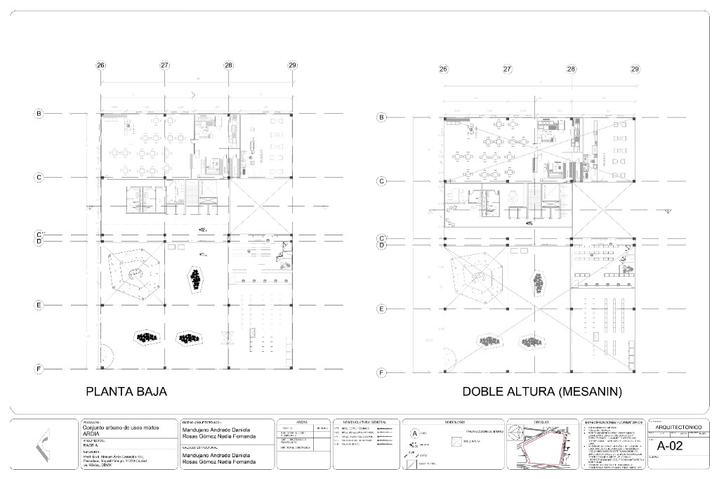 Lámina A-02, planta baja y doble altura o mezzanine de la torre médica