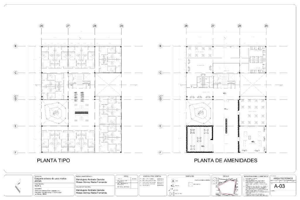Lámina A-03, planta tipo y planta de amenidades de la torre médica