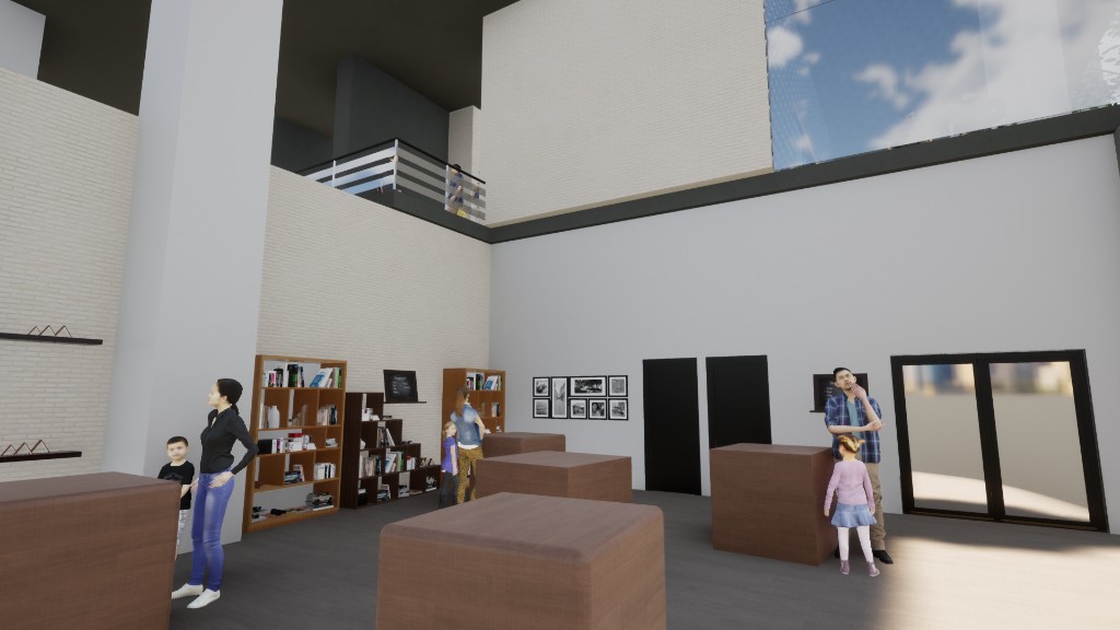 Biblioteca a doble altura con mezzanine, libreros, cubos de estancia y un ventanal alto