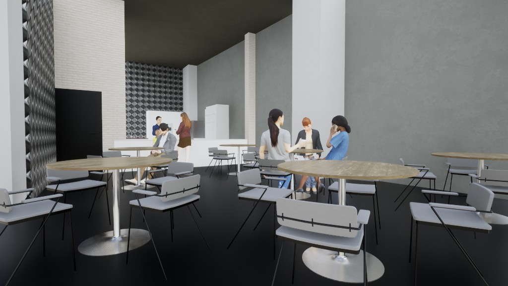 Cafetería del museo con mesas redondas, sillas grises, muro de tabique y panel acústico