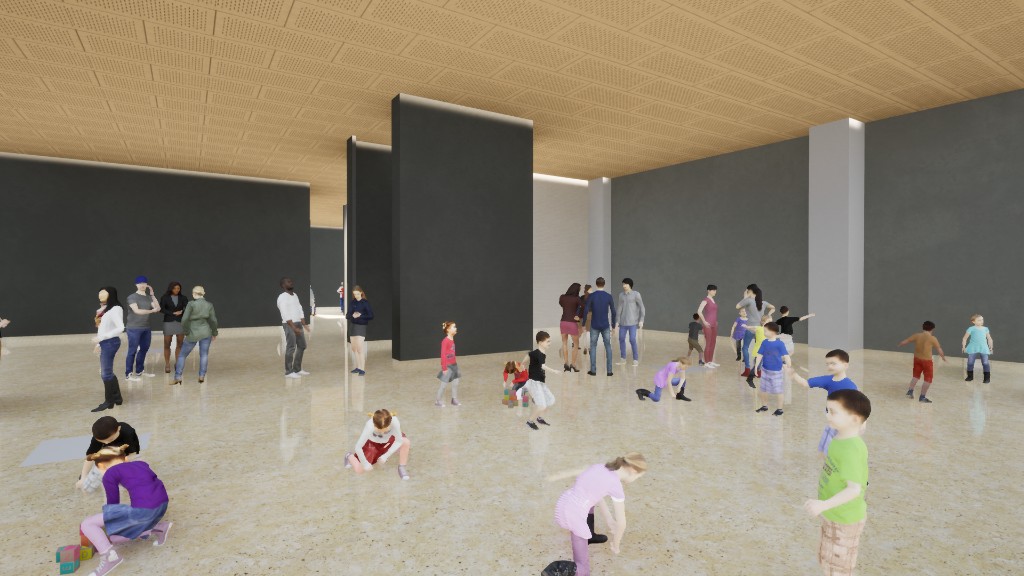 Sala de juego con piso libre, niños con bloques y muros oscuros bajo un plafón de madera