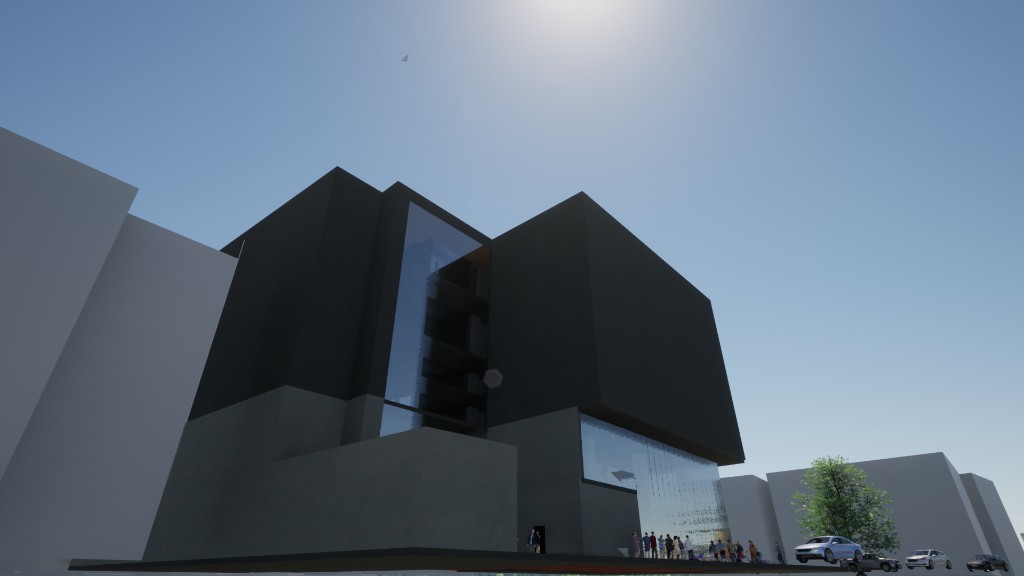 Esquina del museo: volúmenes negros, una ranura de vidrio a gran altura y el acceso a nivel de calle